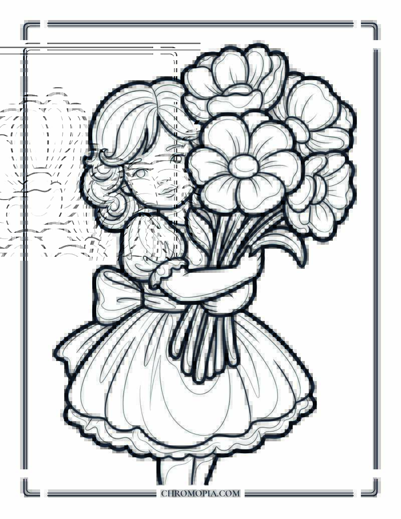 Little Girl With Spring Bouquet Coloring Page