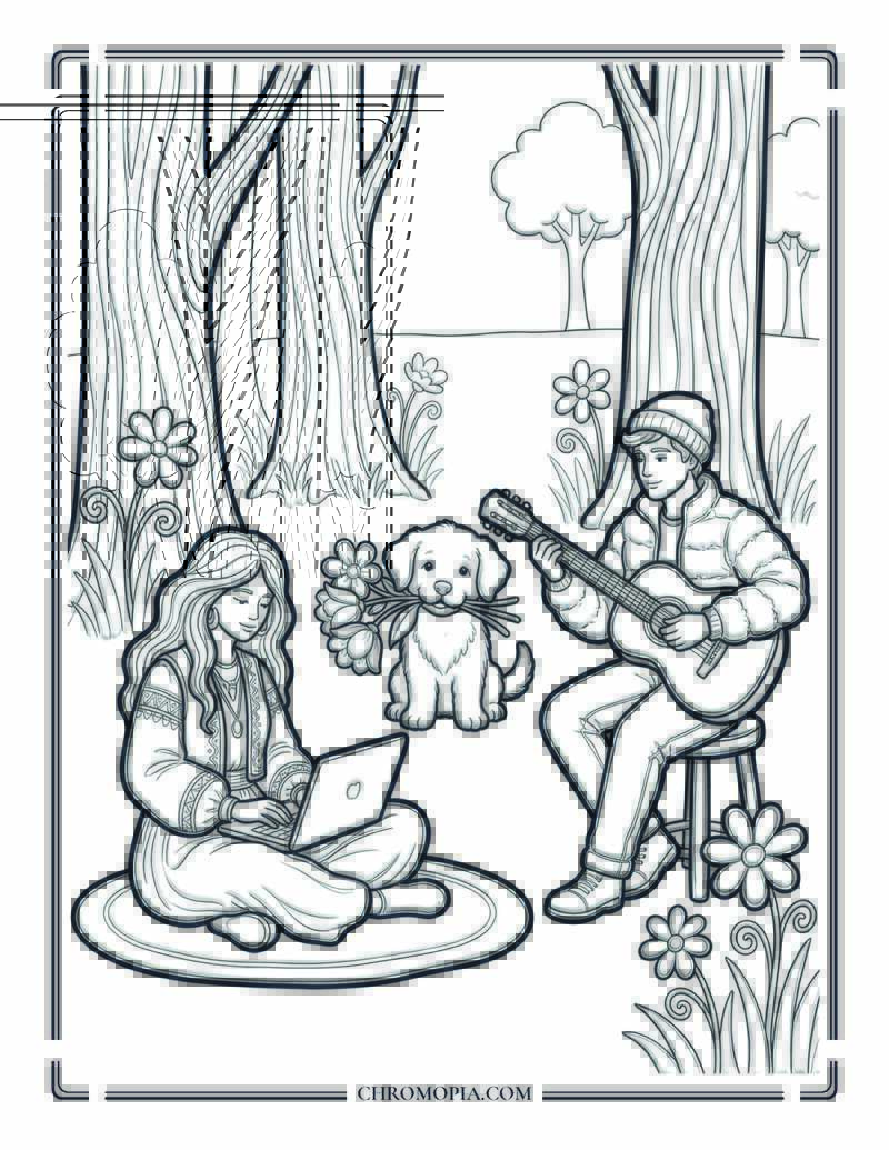 Little Puppy In Spring Forest Coloring Page