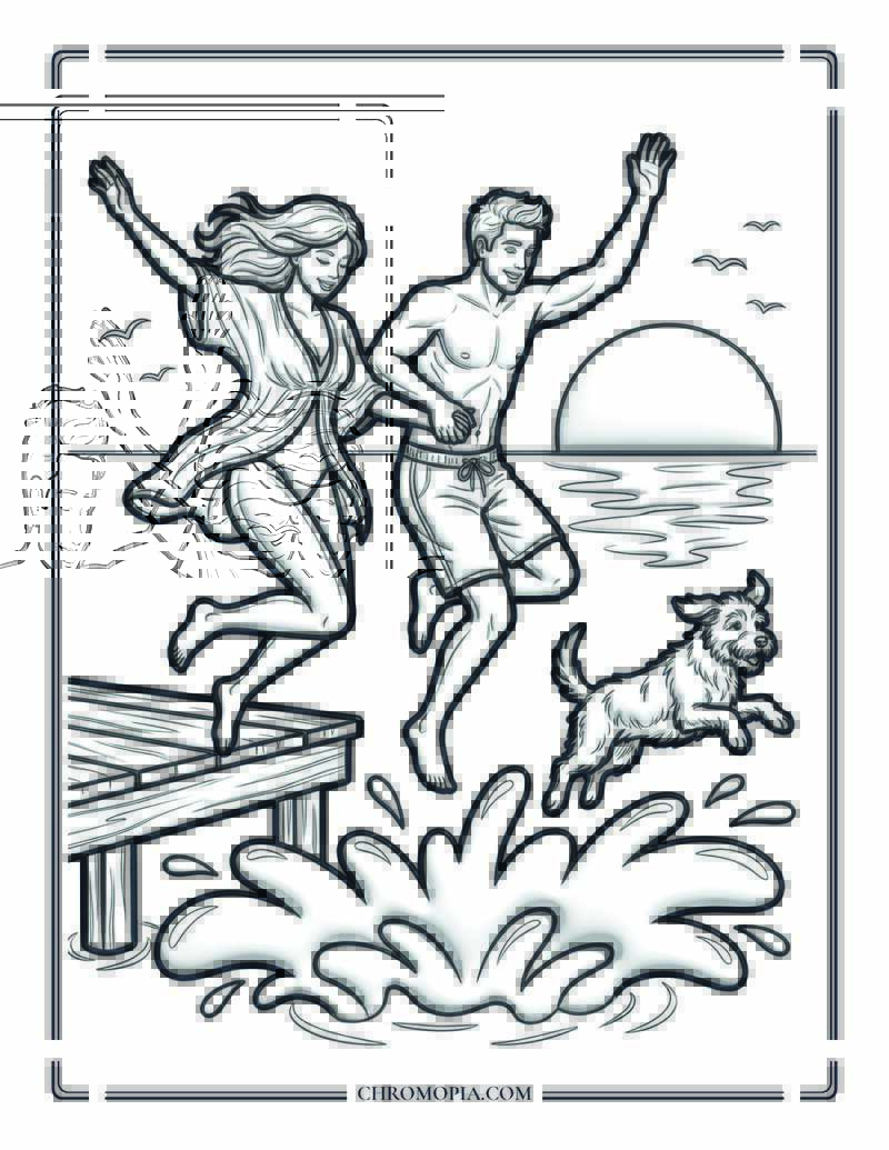 Sunset Ocean Jump Freedom Coloring Page
