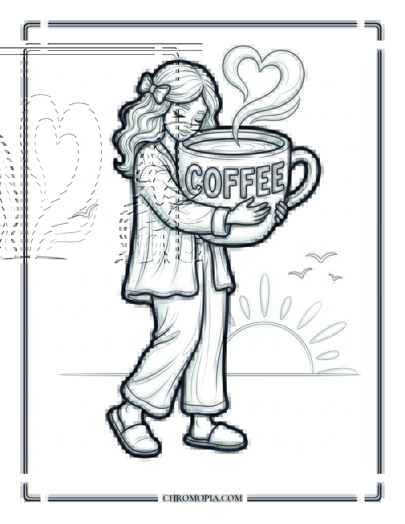 Cozy Summer Morning Coffee Hug Coloring Page