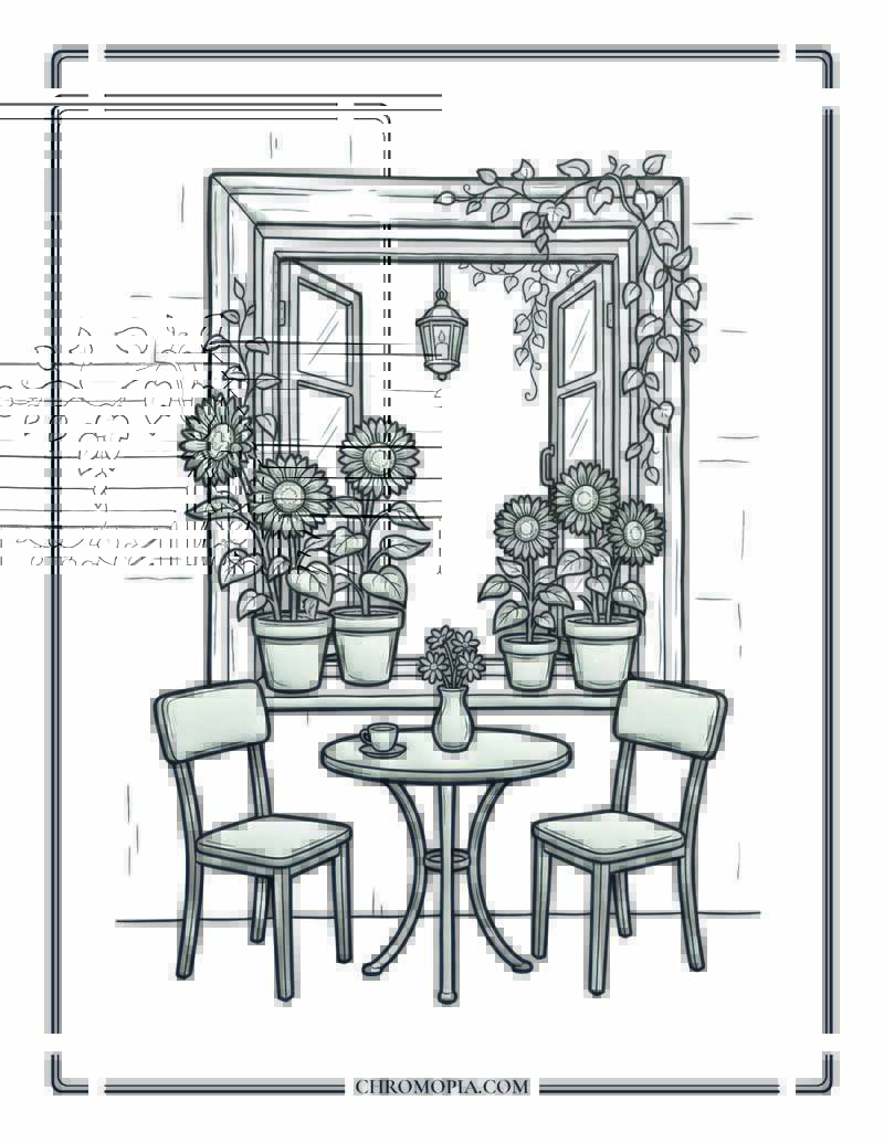 Sunflower Window Cafe Corner Coloring Page