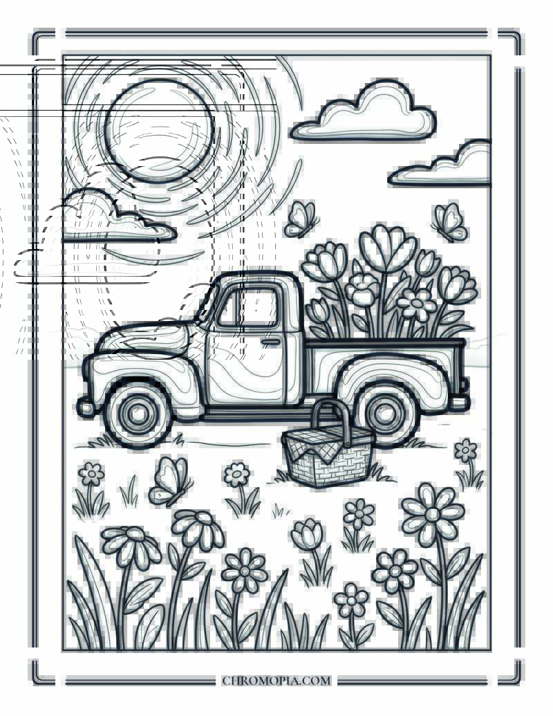 Summer Flower Truck Meadow Coloring Page