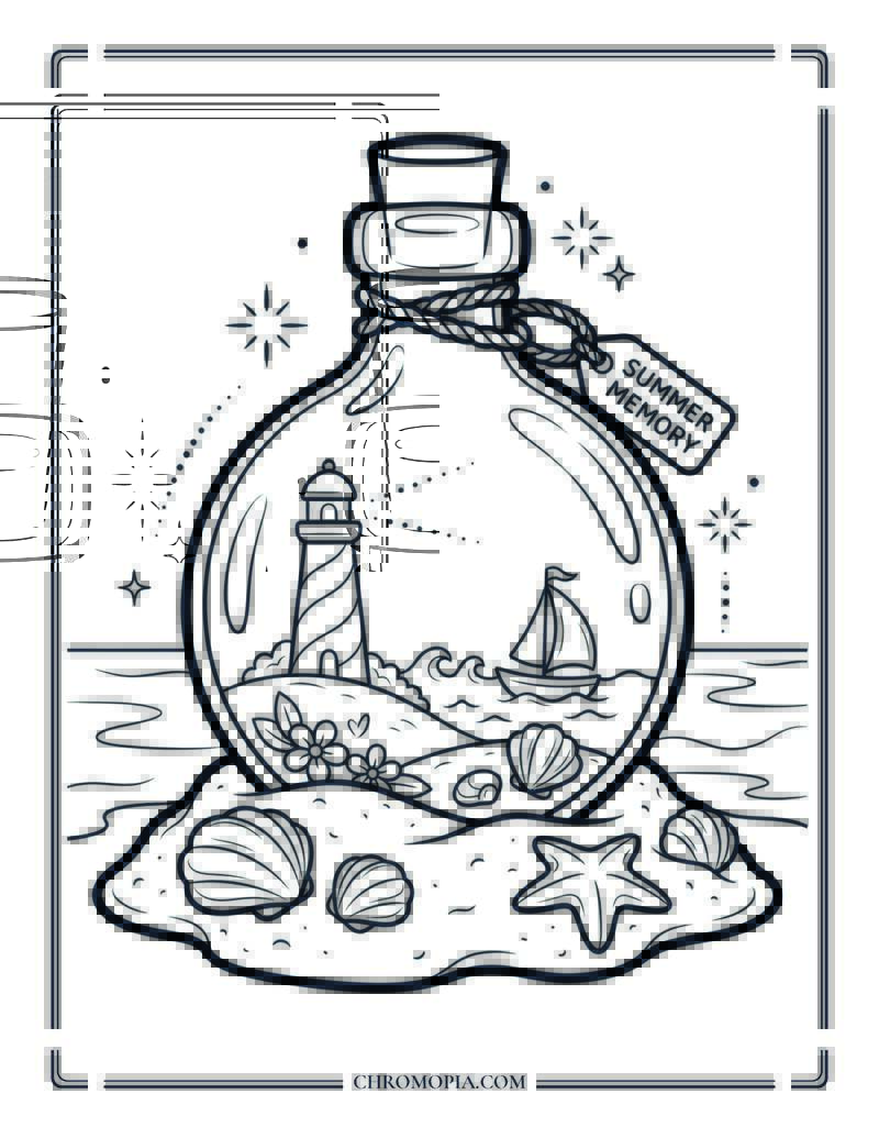 Coastal Memory Bottle Scene Coloring Page