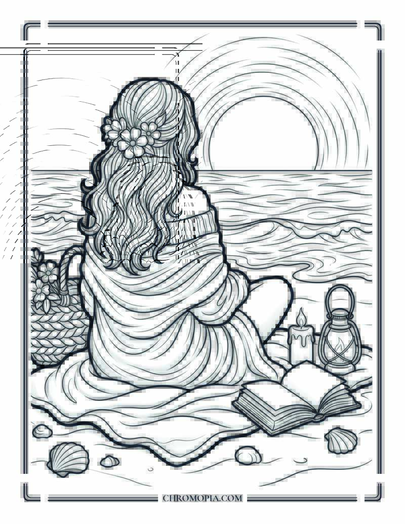 Golden Hour Beach Reflection Coloring Page