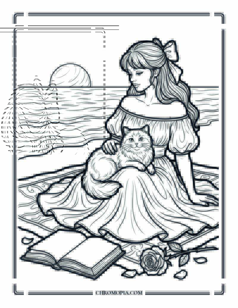 Romantic Seaside Moment With Cat Coloring Page