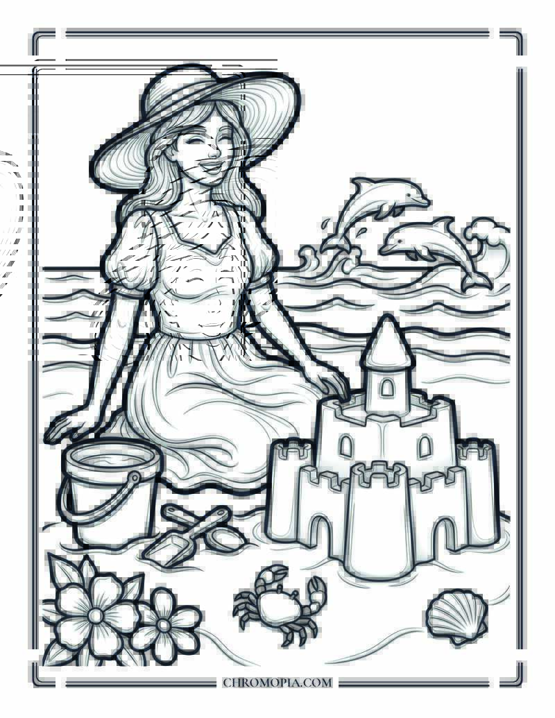 Summer Beach Girl Sandcastle Coloring Page