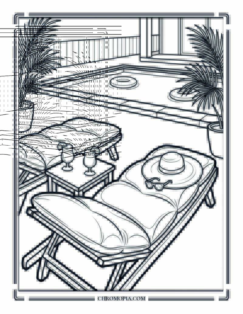 Summer Poolside Party Aesthetic Coloring Page