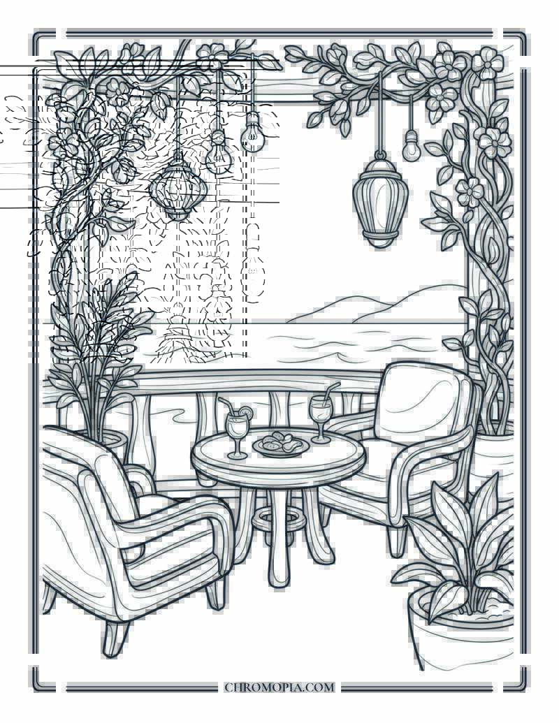 Tropical Balcony Lounge View Coloring Page