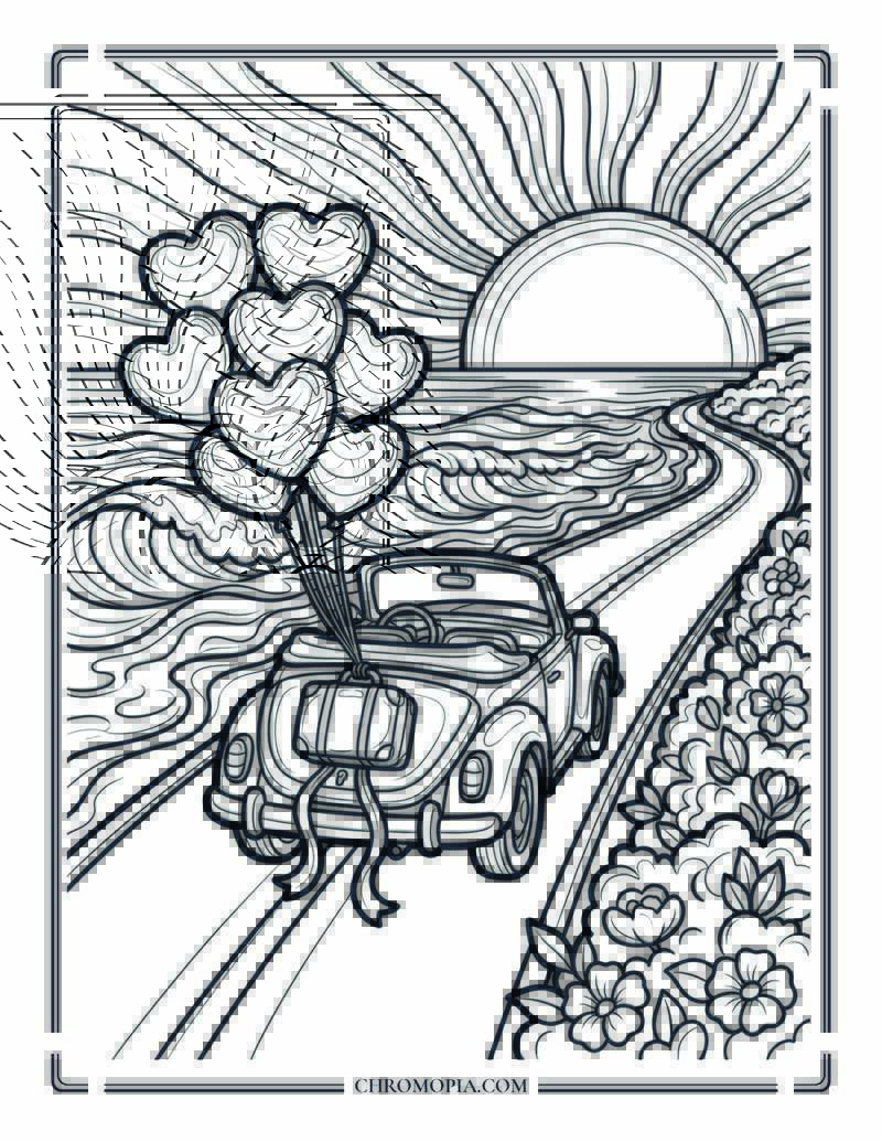Coastal Love Drive With Balloons Coloring Page