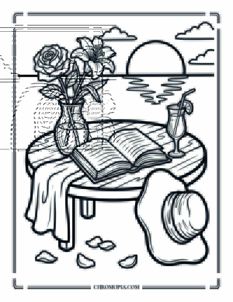 Romantic Sunset Table Aesthetic Coloring Page