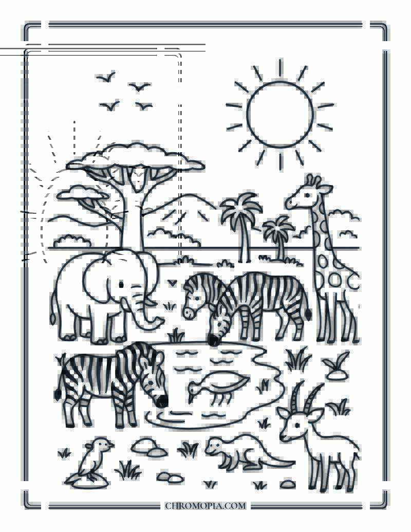 African Savannah Wildlife Summer Gathering Coloring Page