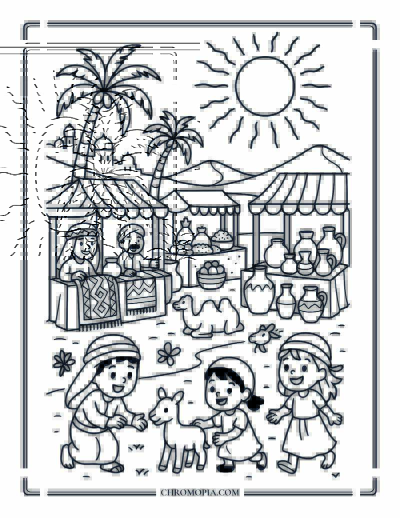 Arabian Desert Summer Market Scene Coloring Page