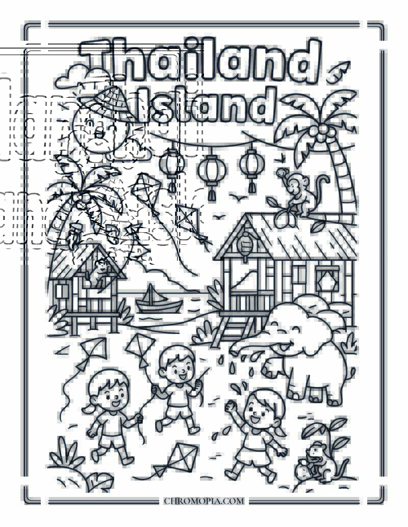 Thailand Island Summer Beach Village Coloring Page