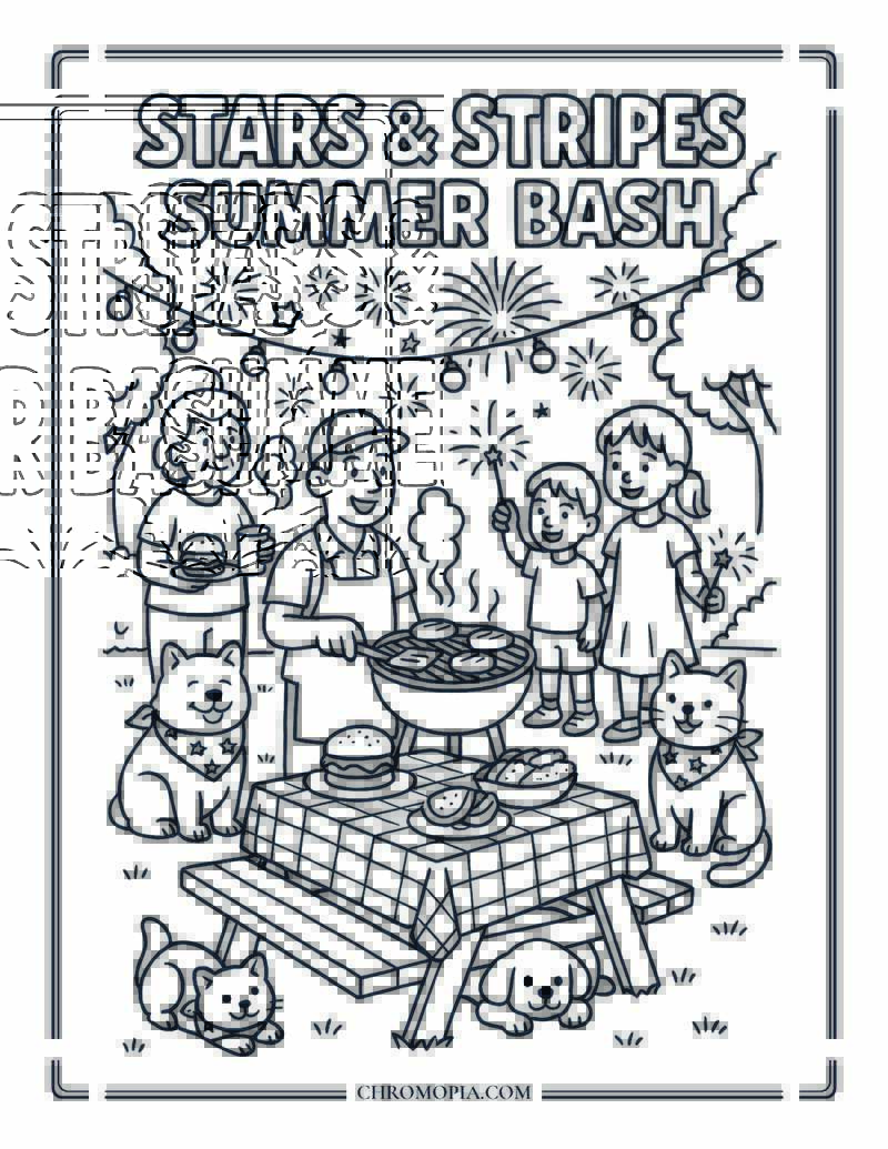 Fourth Of July Backyard BBQ Party Coloring Page