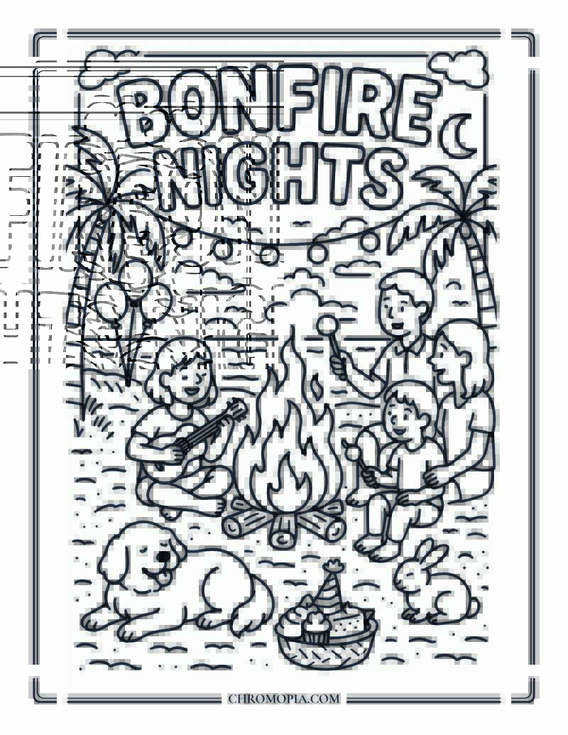 Sunset Beach Bonfire Gathering Coloring Page