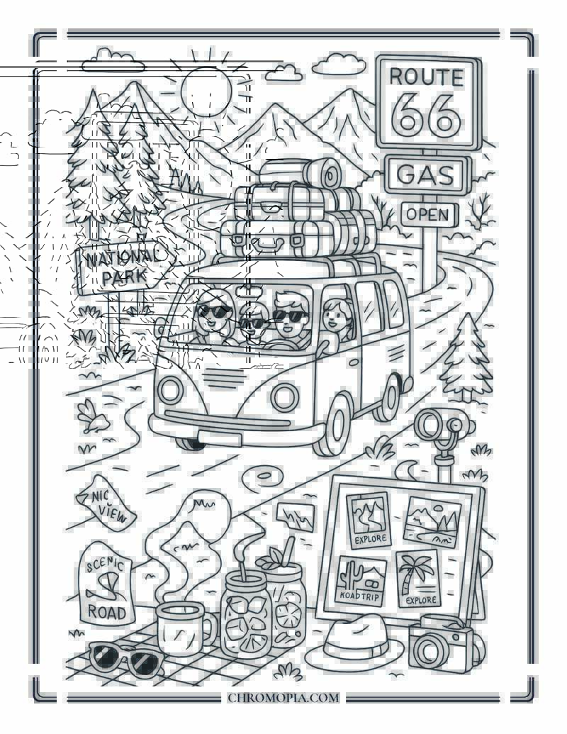 Summer Travel And Road Trips Coloring Page