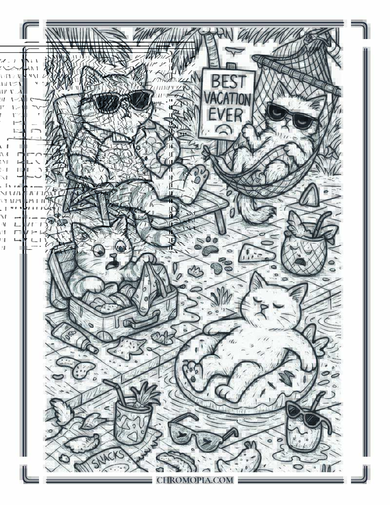 Cats On Vacation Chaos Coloring Page