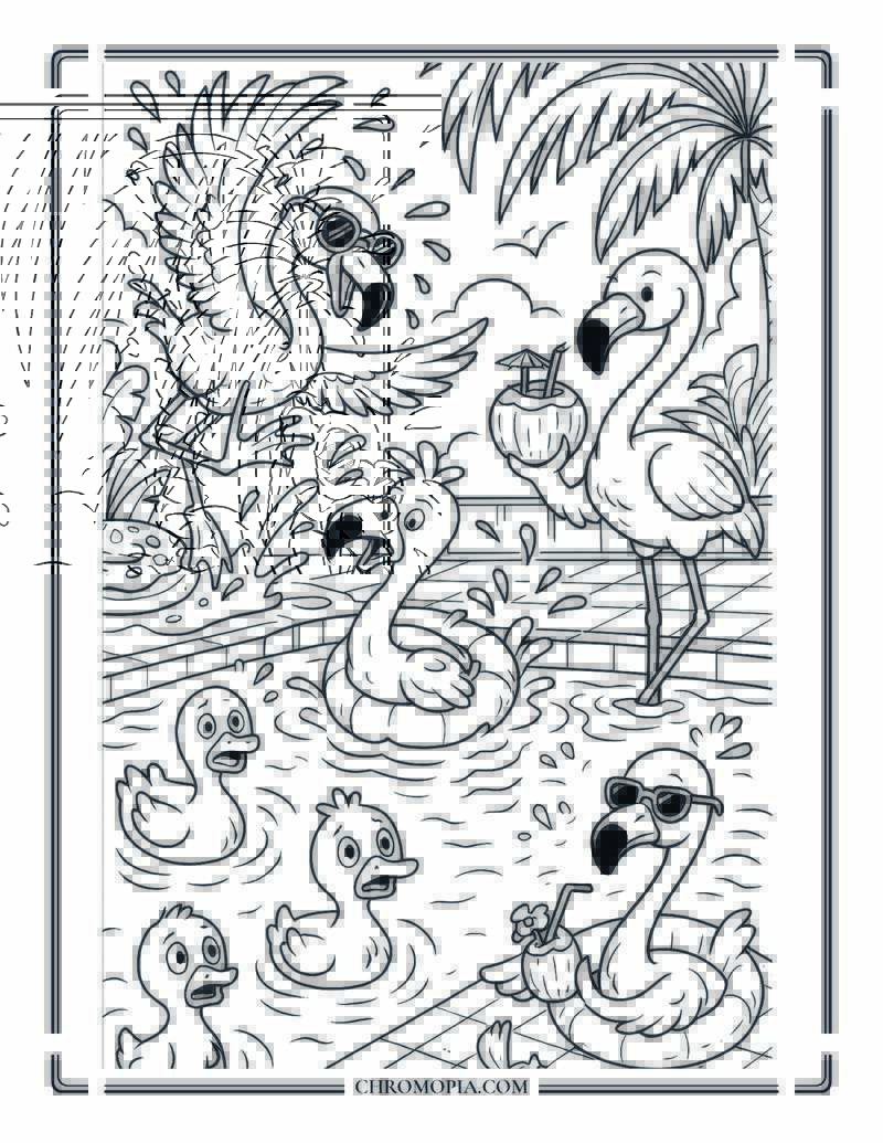 Flamingo Pool Party Coloring Page