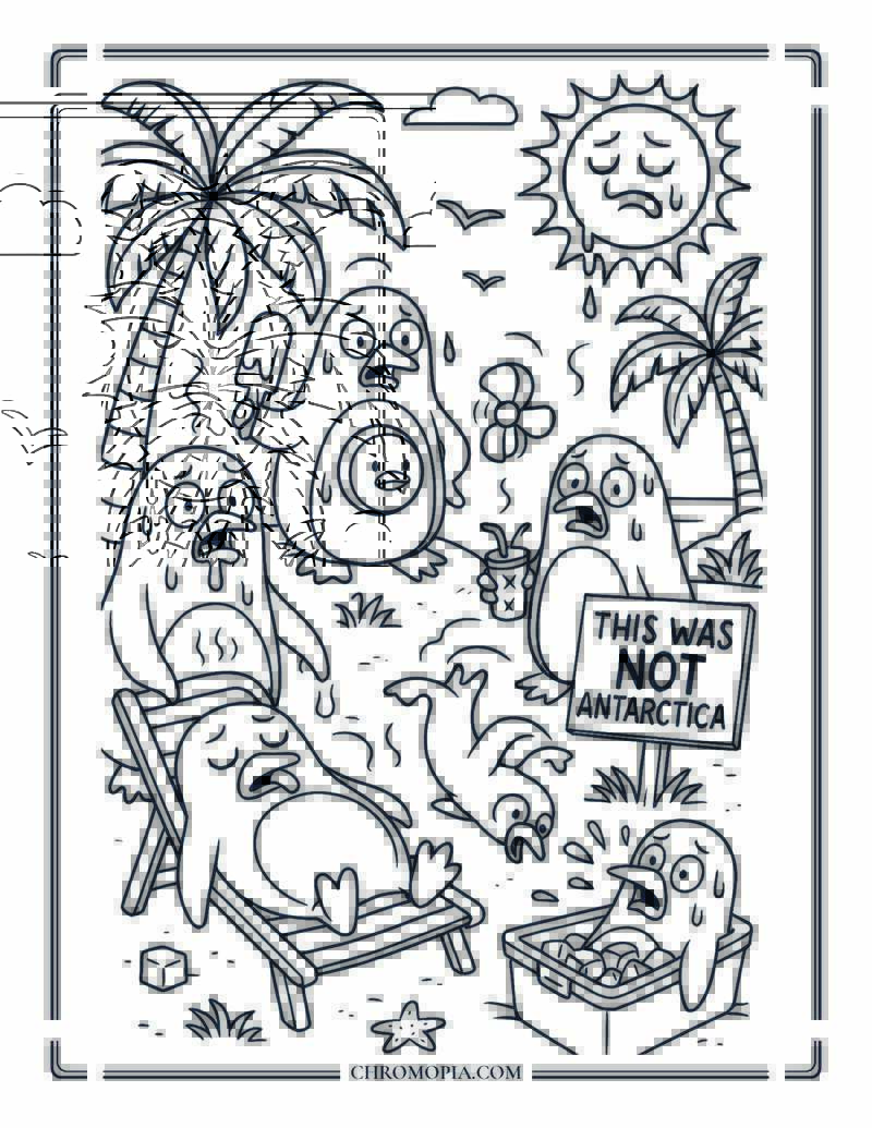 Penguins On A Tropical Vacation Coloring Page