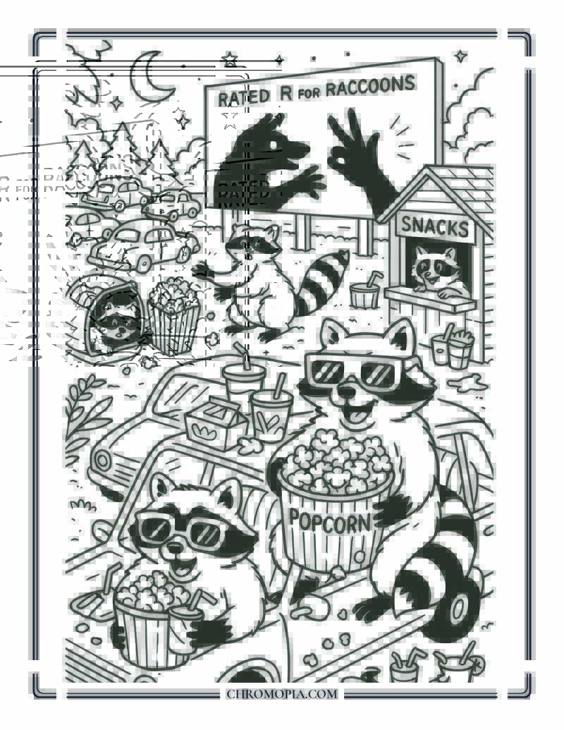 Raccoons At The Drive In Theater Coloring Page