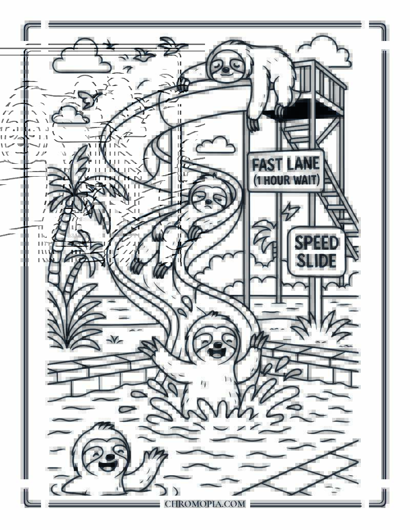 Sloths At A Water Slide Coloring Page
