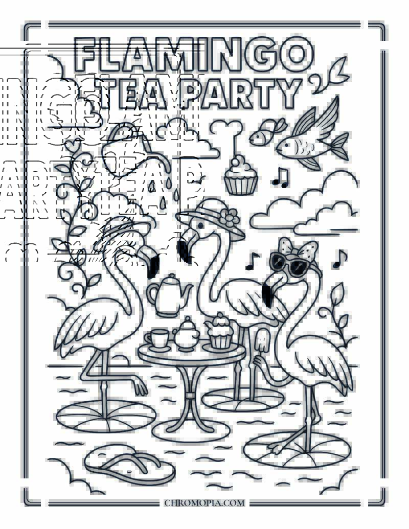 Flamingo Tea Party In The Sky Coloring Page