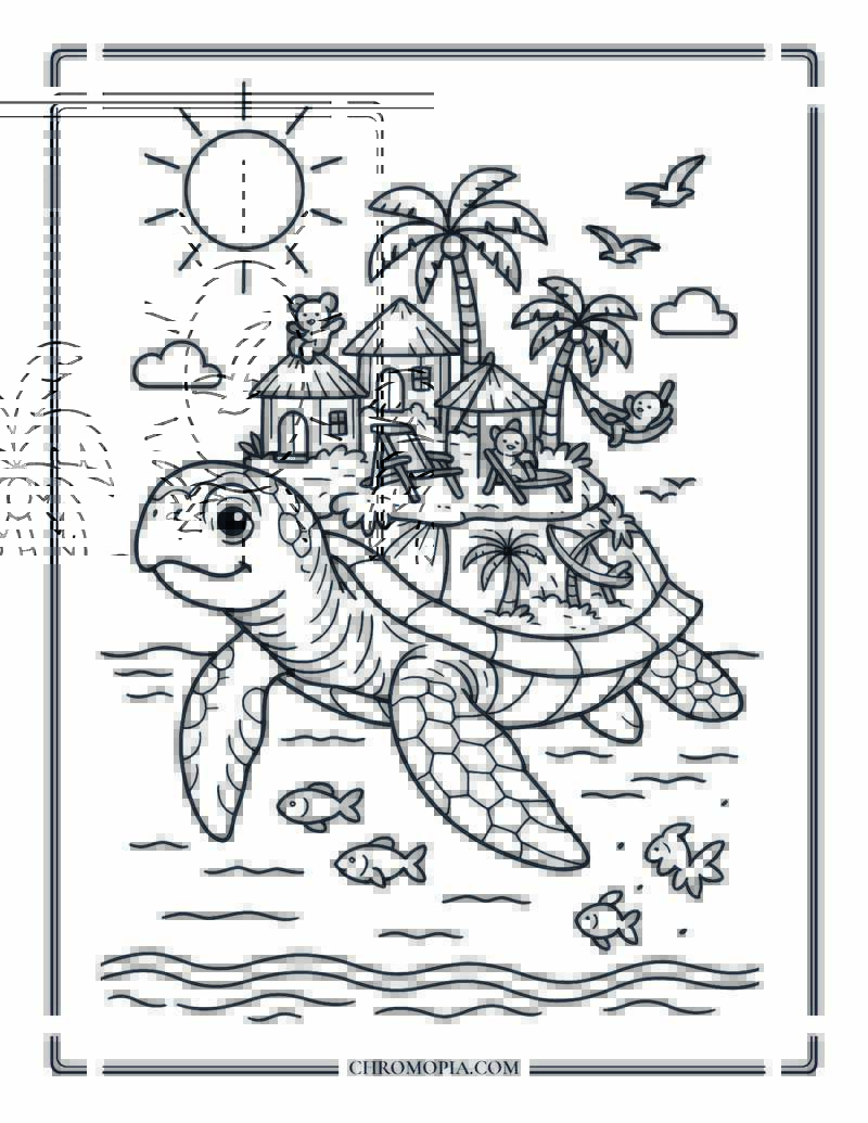 Giant Sea Turtle City Under The Sun Coloring Page