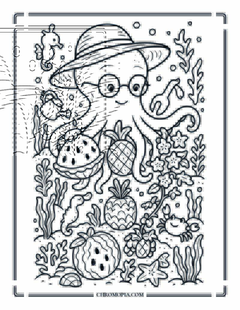 Octopus Garden Summer Scene Coloring Page