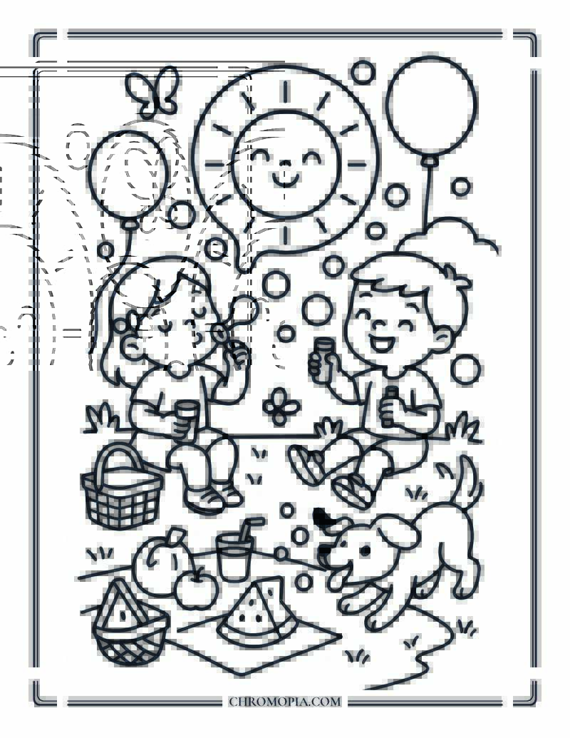 Balloon Picnic And Bubbles Coloring Page