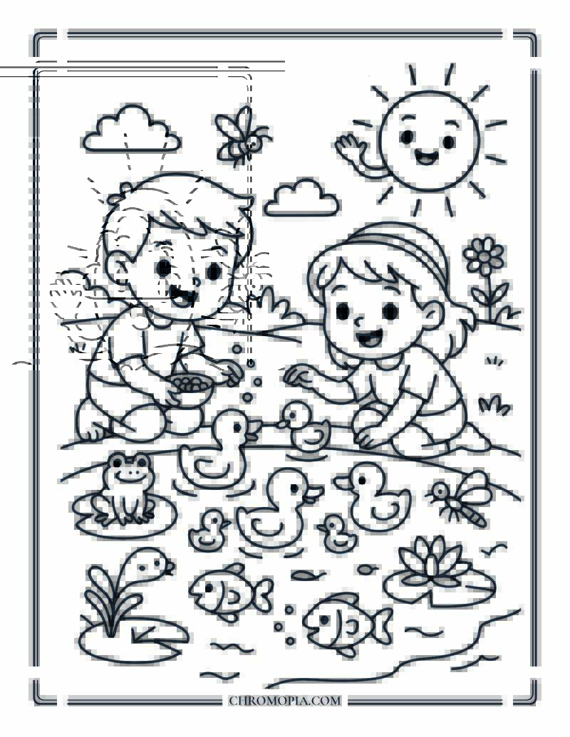 Fish Pond Fun With Ducklings Coloring Page