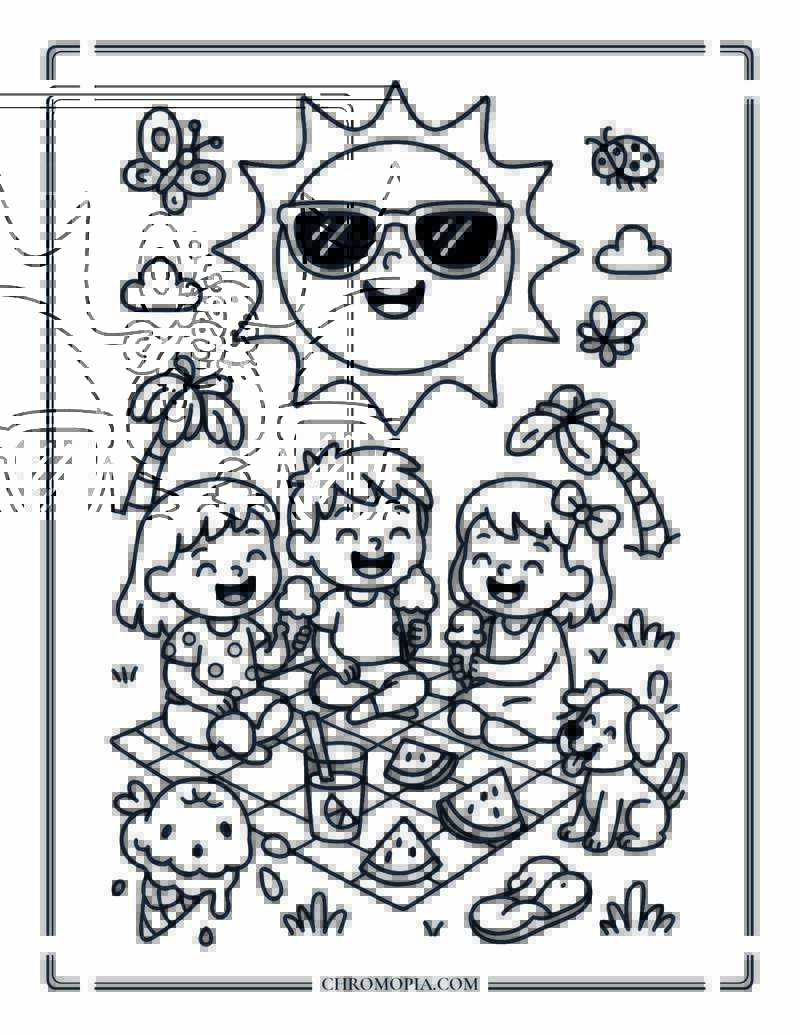 Happy Sun And Ice Cream Picnic Coloring Page