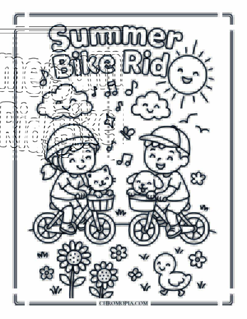 Summer Bike Ride With Animal Friends Coloring Page