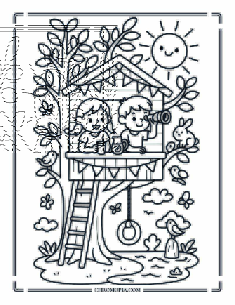 Treehouse Summer Hideout Coloring Page