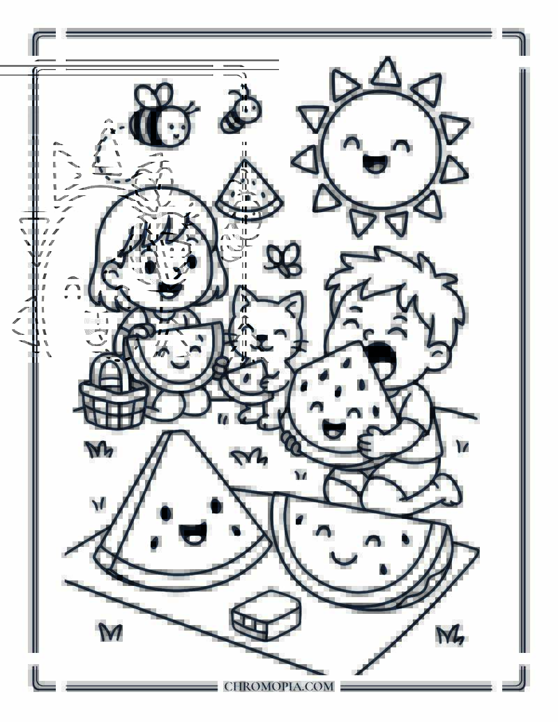 Watermelon Friends Summer Snack Coloring Page