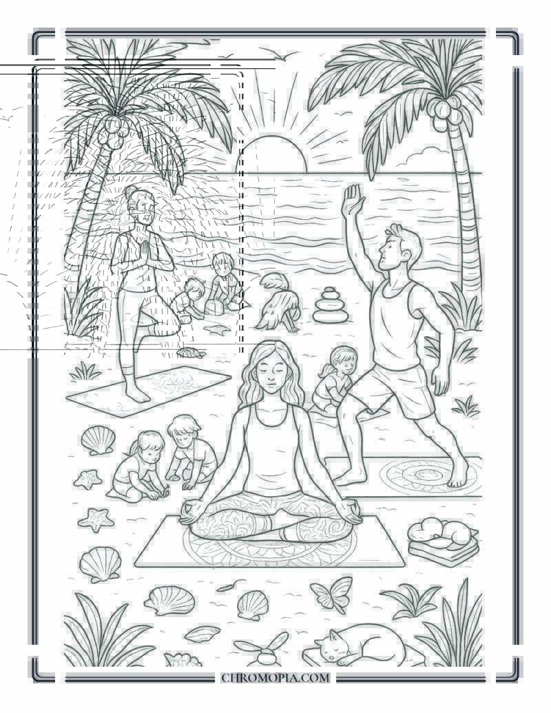 Beachfront Yoga Session Coloring Page