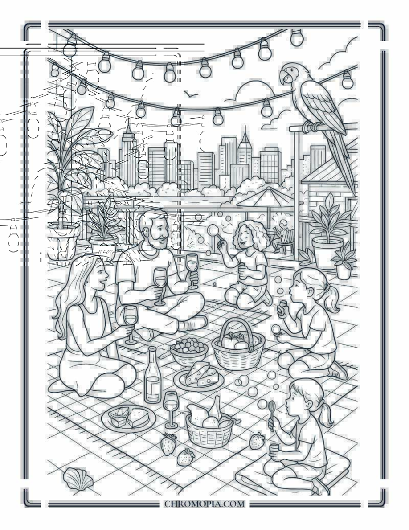 Rooftop Picnic In The City Coloring Page