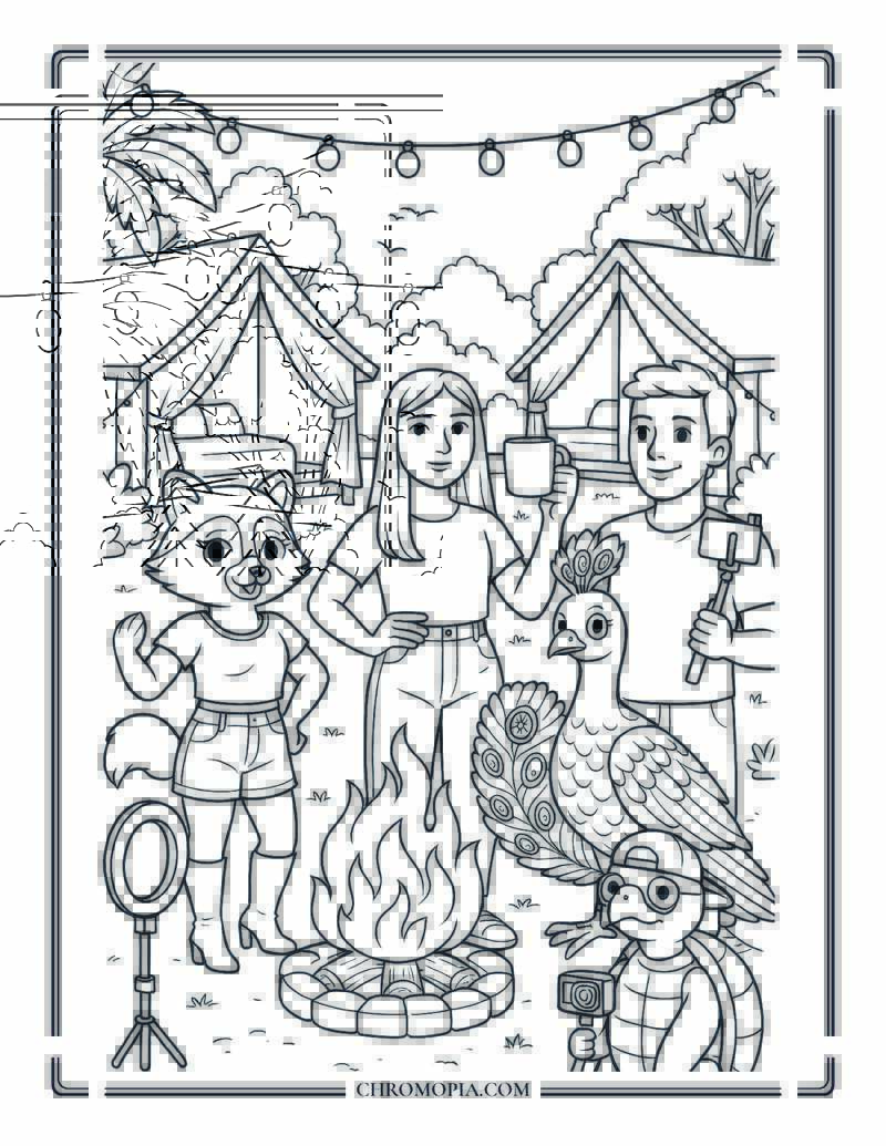 Animal Influencer Camp Retreat Coloring Page