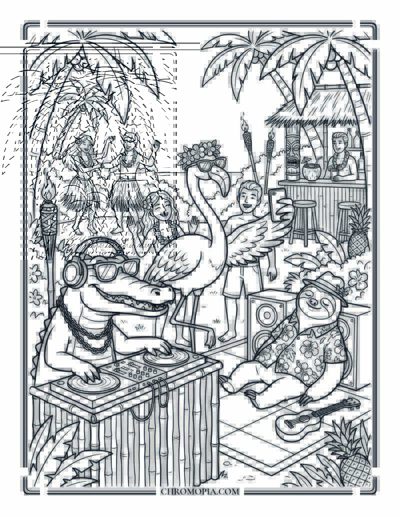 Island Luau With Animal Celebrities Coloring Page