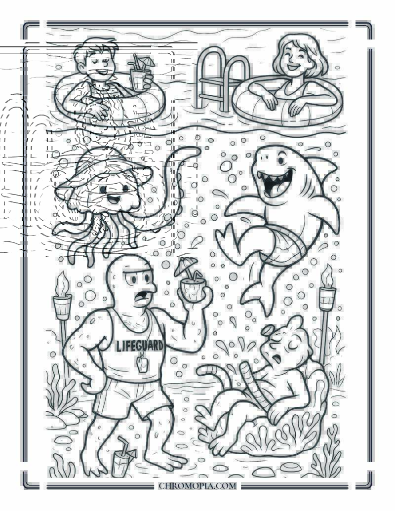 Underwater Pool Party With Surface Guests Coloring Page