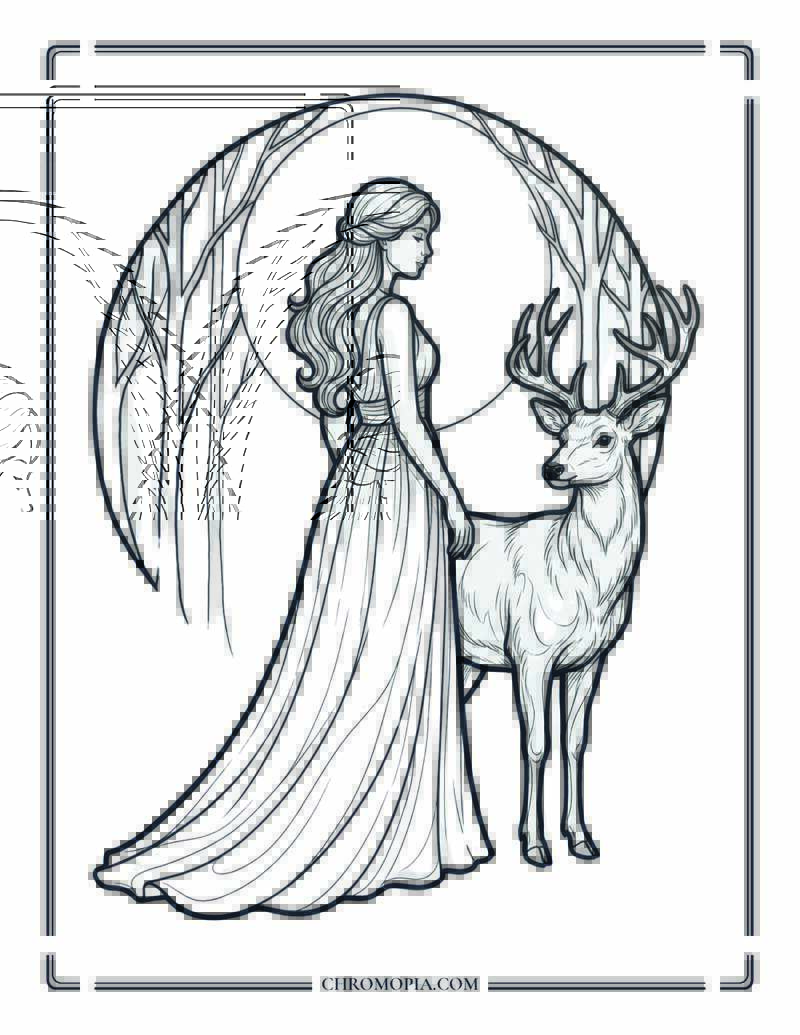 Woman Standing With Deer Under Moonlight Coloring Page