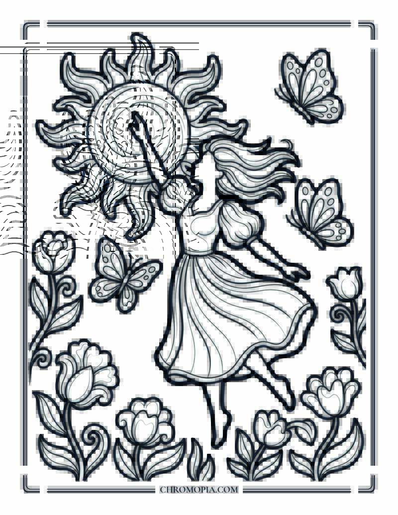 Woman Reaching Toward Radiant Sunlight Joy Coloring Page