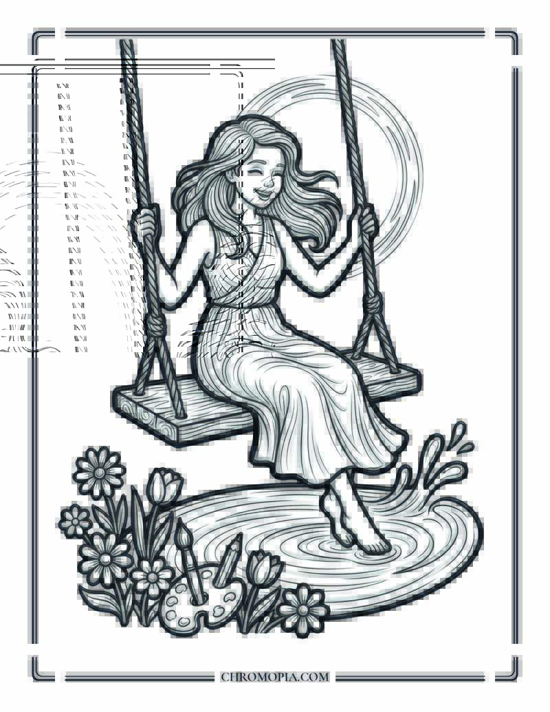 Woman Sitting On Swing Over Water Sunset Coloring Page