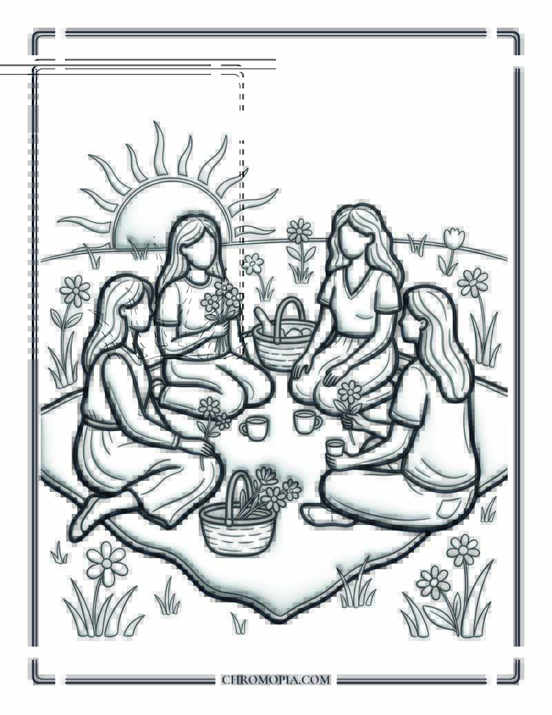 Summer Picnic Gathering In Flower Field Coloring Page