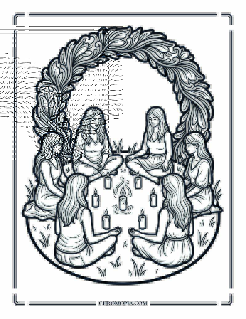 Sacred Circle Ritual With Candles Coloring Page