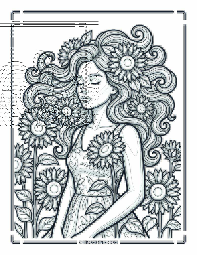 Woman With Flowing Hair In Sunflower Field Coloring Page