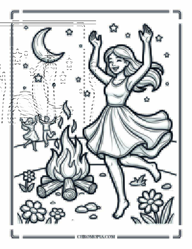 Woman Dancing Beside Summer Solstice Fire Coloring Page
