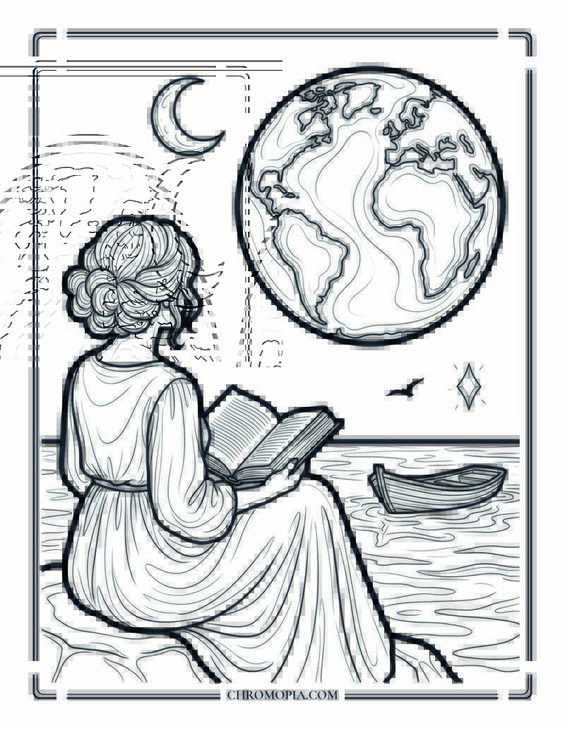 Woman Observing Dreamlike World And Sky Coloring Page