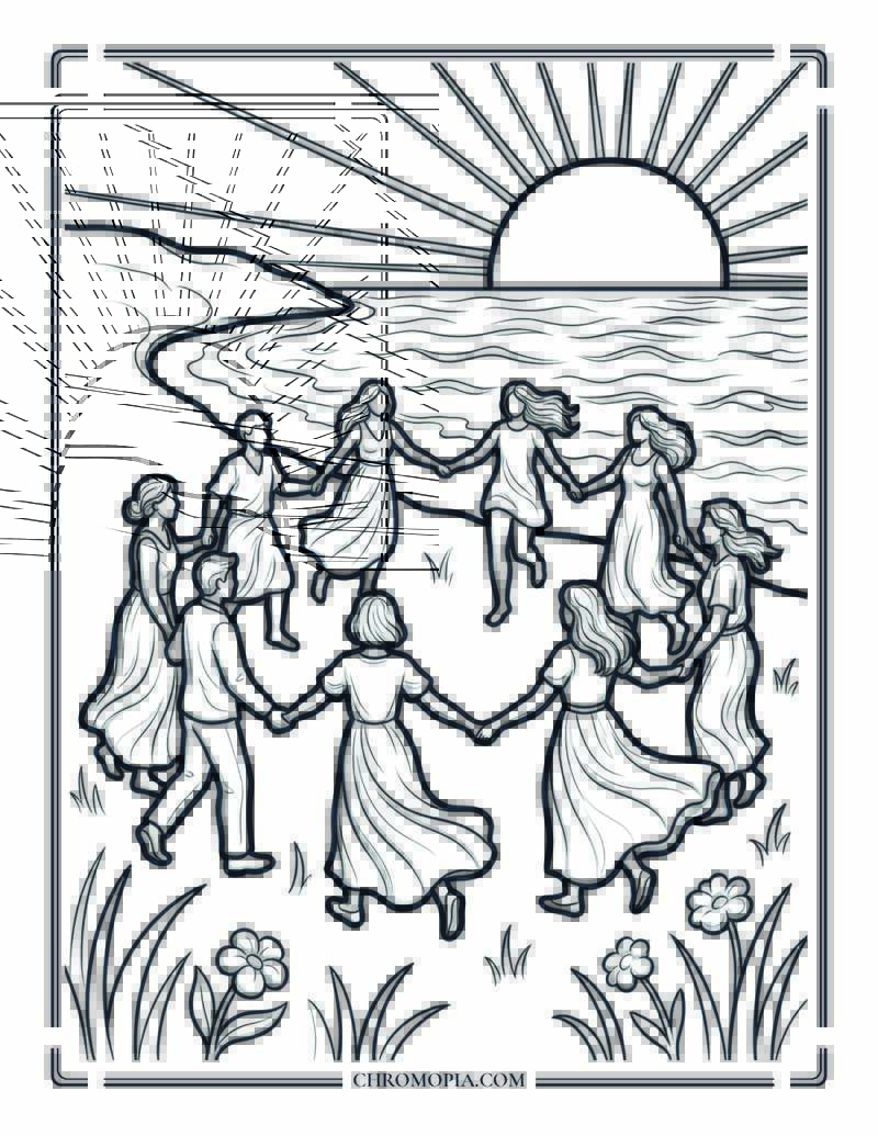 People Dancing In Circle By Sea Sunset Coloring Page