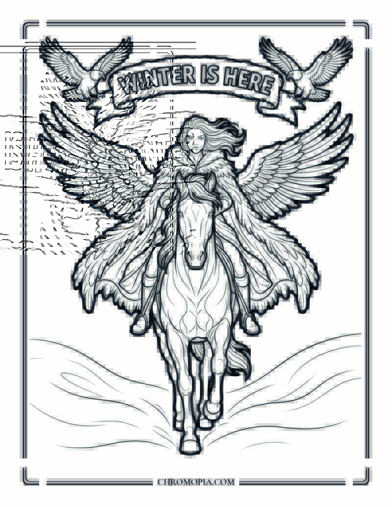Angelic Winter Rider Woman Coloring Sheet