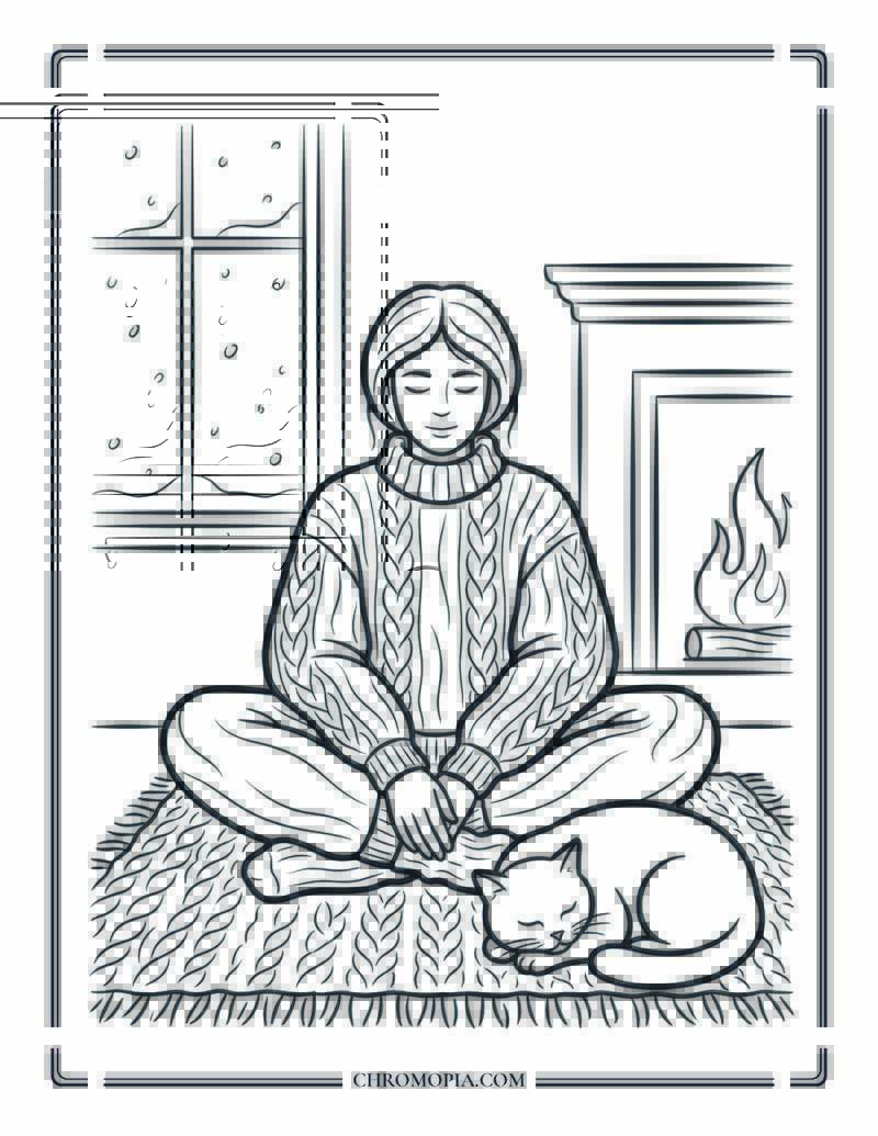 Fireplace Meditation Serenity Woman Coloring Sheet